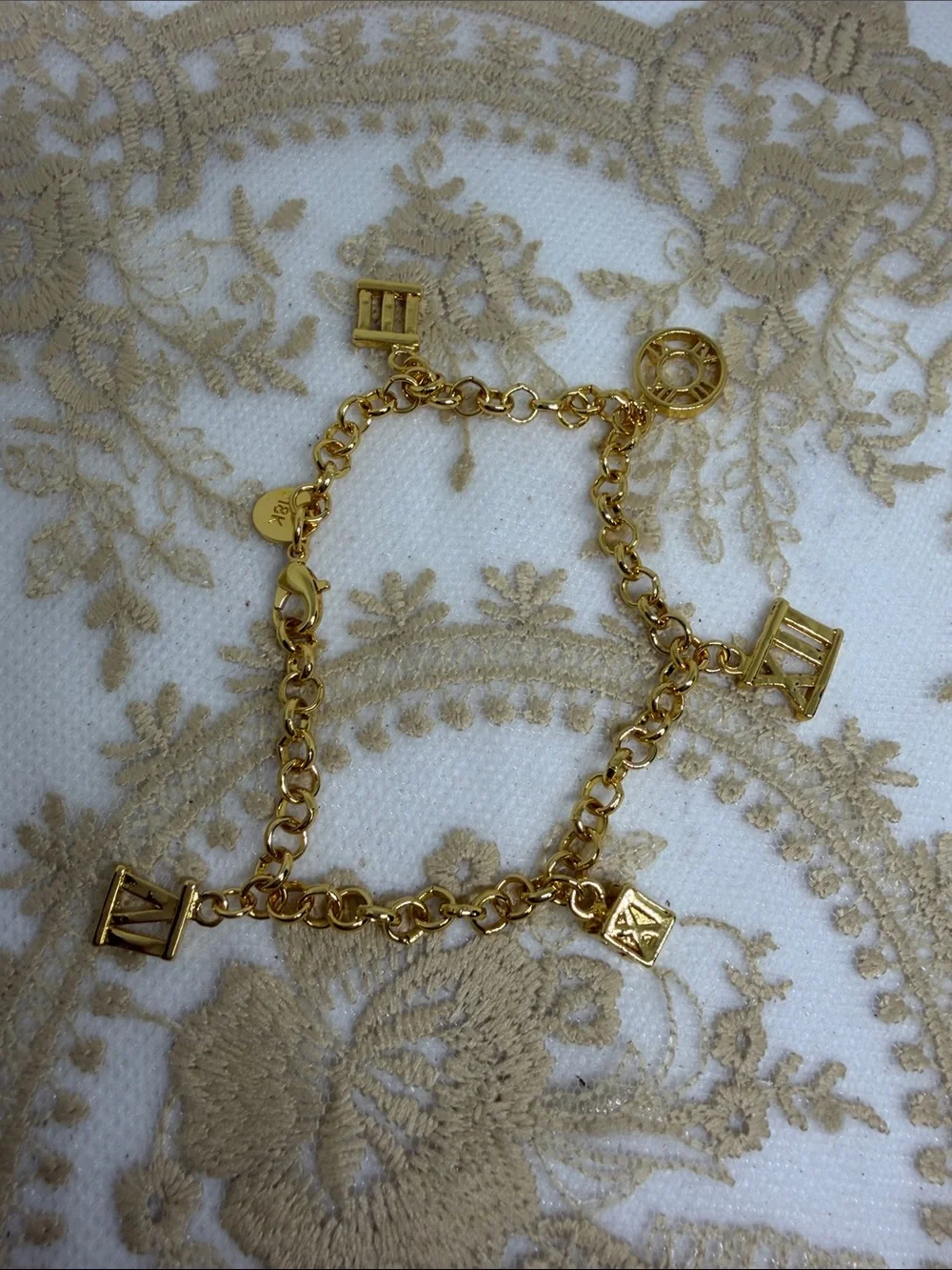 18K Marked Yellow Gold Roman Numeral Charm Bracelet |Designer Inspired